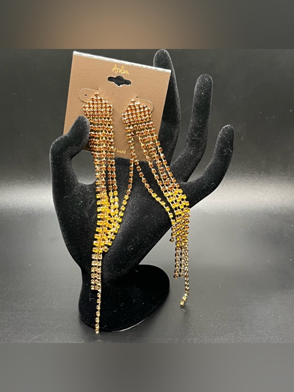 Long rhinestone fringe statement earrings gold tone amber sparkle NWT - Picture 6 of 7